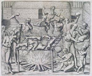 Cannibal Feast, kaiverrus Theodor de Bry (1528-98)